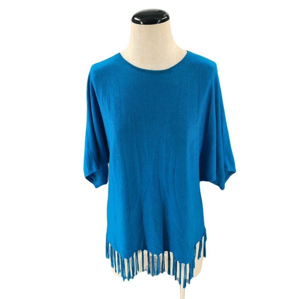 Brittany Black Womens Blouse Medium Blue Sweater Dolman Short Sleeve Fringe Hem